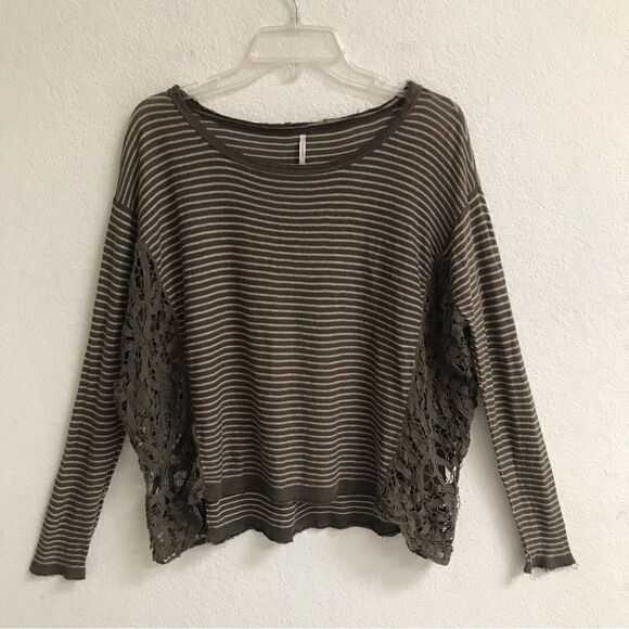 Free People striped olive green distressed grunge linen blend oversize sweater S - Picture 1 of 6